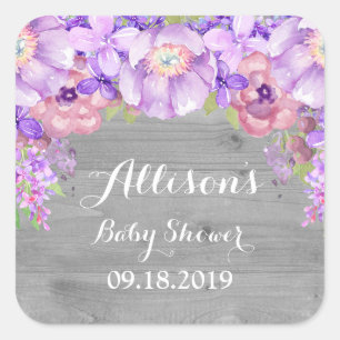 Wood Grått Lavender Lila Blommigt Baby Shower Märk Fyrkantigt Klistermärke