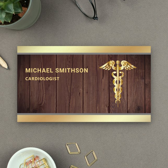 Wood Guld Caduceus Symbol Medical Professionell Visitkort (Skapare uppladdad)