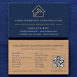 Wood Handyman Construction Navy Blue Gold QR Code Visitkort