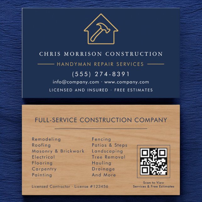 Wood Handyman Construction Navy Blue Gold QR Code Visitkort (Skapare uppladdad)