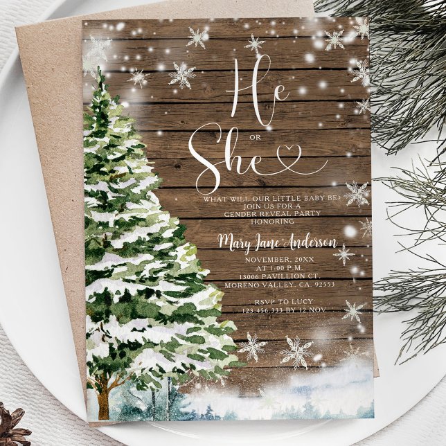 Wood He or her Evergreen Winter Gender Reveal Inbjudningar (Skapare uppladdad)