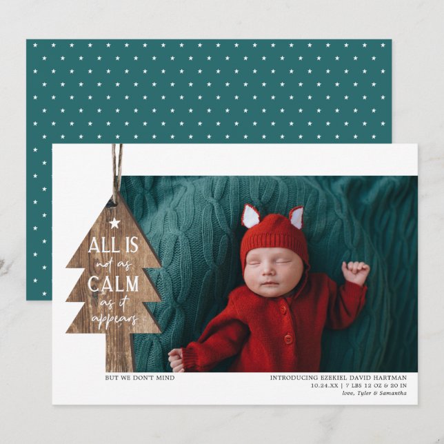 Wood jul Ornament Photo Birth Notice Julkort (Fram/baksida)