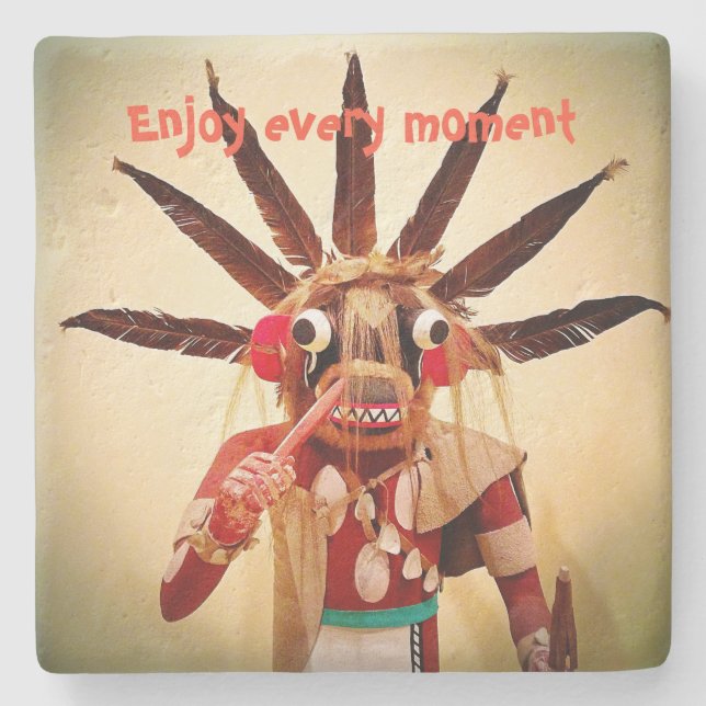 Wood Kachina Doll Funny Ansikte upplever varje ögo Underlägg Sten (Framsidan)