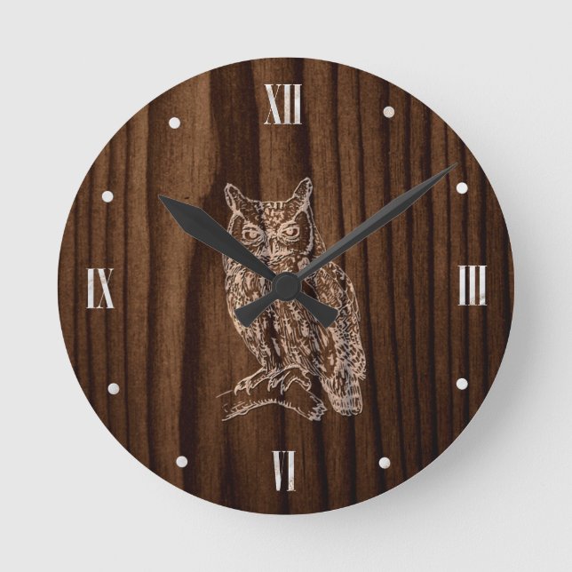 Wood Kolla med Uggla Wall Clock Rund Klocka (Framsida)