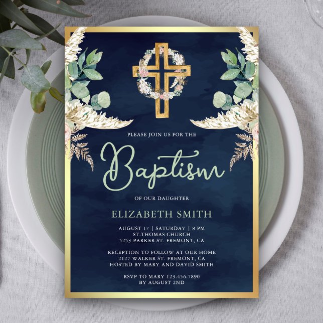 Wood Kor Pampas Eucalyptus Navy Guld Baptism Inbjudningar (Skapare uppladdad)