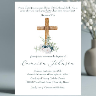 Wood Kor White och Blåa blommor Baptism Inbjudningar