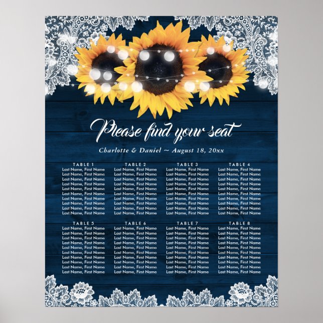 Wood Lace Sunflower Navy Blue  Seating Chart Poster (Framsidan)
