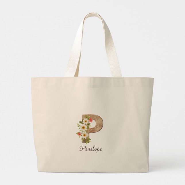 Wood letter P flower monogram retirement Tote Bag Jumbo Tygkasse (Baksida)
