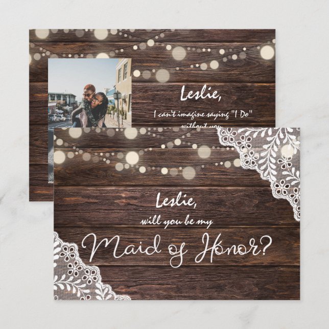 Wood Ljus kommer du att vara min Maid of honor? Fo Inbjudningar (Fram/baksida)