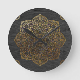 Wood mandala-guld rund klocka