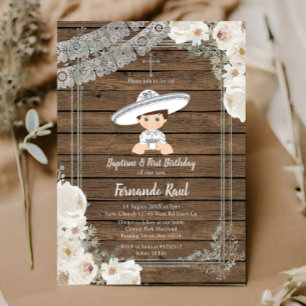 Wood Mexican Silver Fiesta Boy Baptism Birthday Inbjudningar