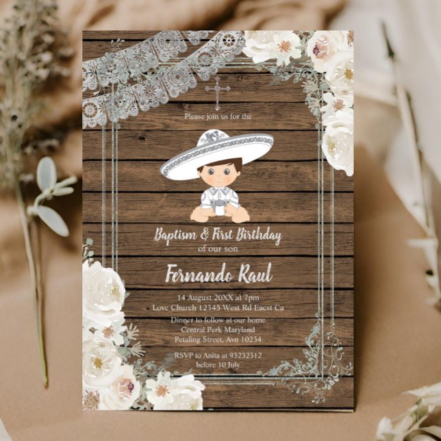 Wood Mexican Silver Fiesta Boy Baptism Birthday Inbjudningar (Skapare uppladdad)