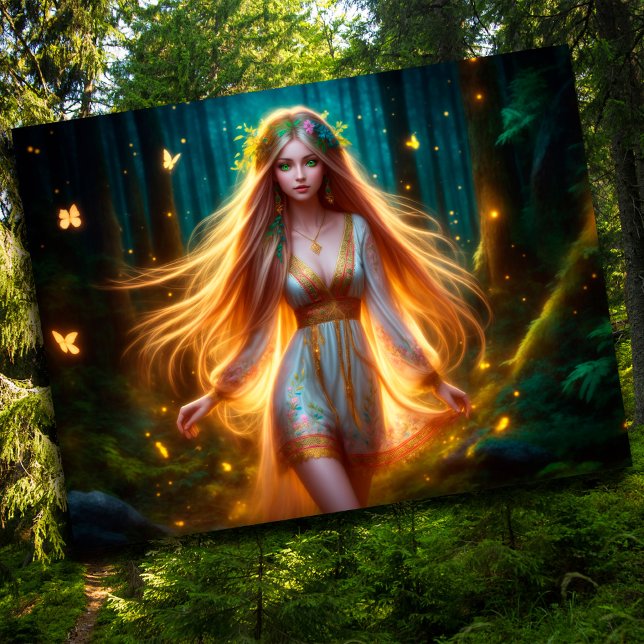 Wood nymph Fiairy Girl guld bright Forest blommigt Vykort (Skapare uppladdad)