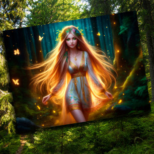 Wood nymph Fiairy Girl guld bright Forest blommigt Vykort