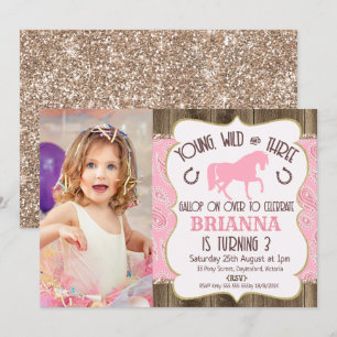 Wood Paisley Glitter Horse 3:e födelsedagsinbjudan Inbjudningar
