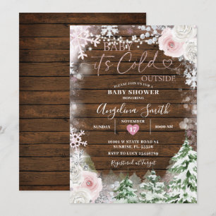 Wood Pastel Rosa Snowflake Blommigt Baby Shower Inbjudningar