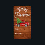 Wood-penselskript Vintage Lastbil-julgåva Adressetikett<br><div class="desc">Rustic Wood Push Script Watercolor Red Vintage Lastbil med Julgran - God jul Gift-etikett</div>