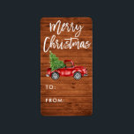 Wood-penselskript Vintage Lastbil-julgåva Adressetikett<br><div class="desc">Rustic Wood Push Script Watercolor Red Vintage Lastbil med Julgran - God jul Gift-etikett</div>