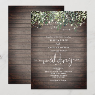 Wood Plank Greenery String Ljus Bröllop Inbjudningar