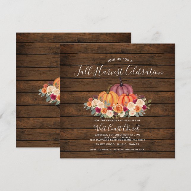 Wood Pumpkin Fall Harvest Party Fall Community Inbjudningar (Fram/baksida)