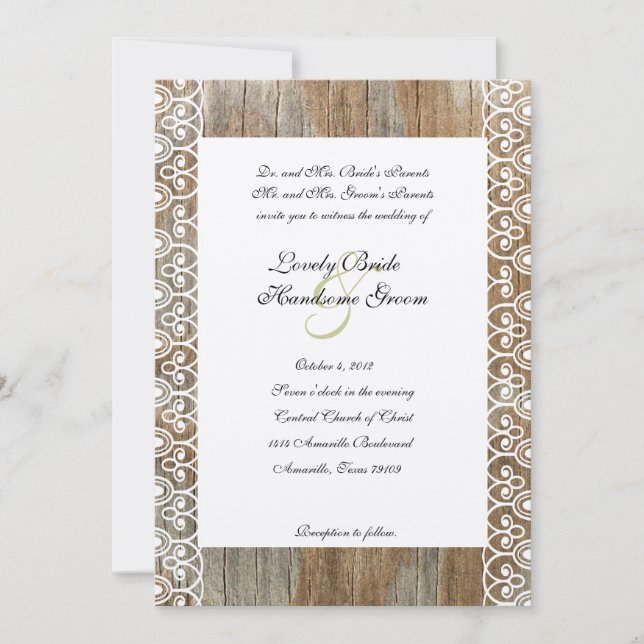 Wood Ringar Shabby Snöre Heart Wedding bjudande Inbjudningar (Framsida)