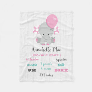 Wood Rosa Elephant Girl Baby Birth Stats Fleecefilt