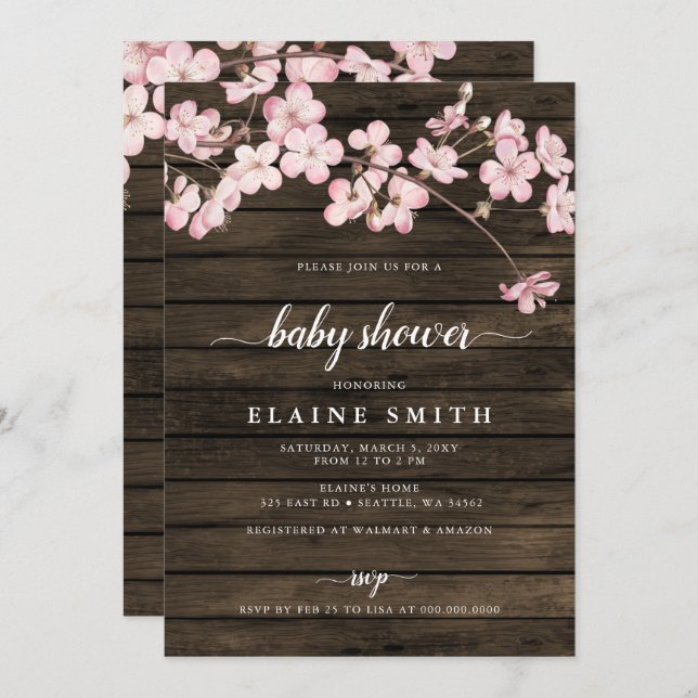 Wood Rosa Sakura Cherry Blommars Baby Shower Inbjudningar (Fram/baksida)