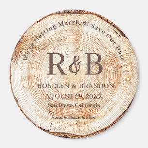 Wood Rustic Bröllop Monogram Namn Spara datum Magnet