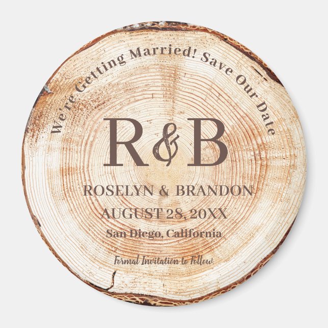 Wood Rustic Bröllop Monogram Namn Spara datum Magnet (Framsidan)