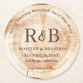 Wood Rustic Bröllop Monogram Namn Spara datum Underlägg Papper Rund