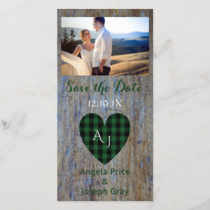 Wood Rustic Bröllop spara datum Play Heart Datumet