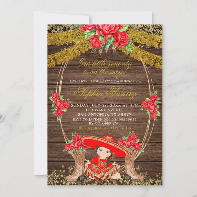 Wood Rustic Mexican Red Charra Baby Shower Inbjuda Inbjudningar (Framsida)