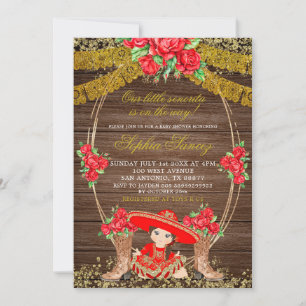 Wood Rustic Mexican Red Charra Baby Shower Inbjuda Inbjudningar