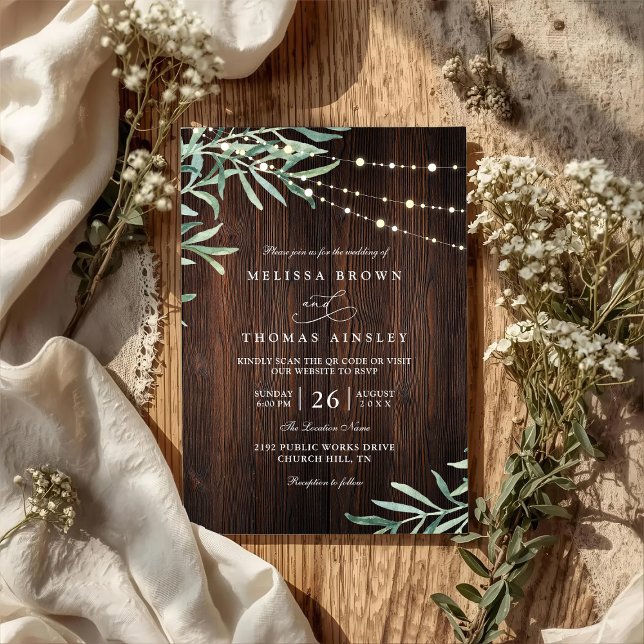 Wood Rustic String Light Country QR Code Wedding Inbjudningar (Skapare uppladdad)