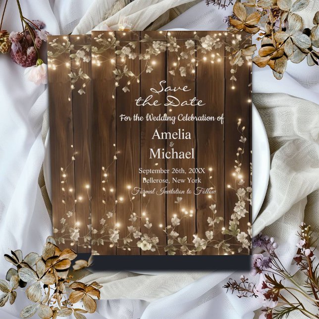 Wood Rustic String Ljus White Blommigt Spara Datumet (Skapare uppladdad)