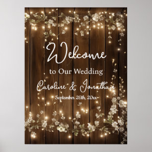 Wood Rustic White Blommigt String Ljus Välkommen Poster