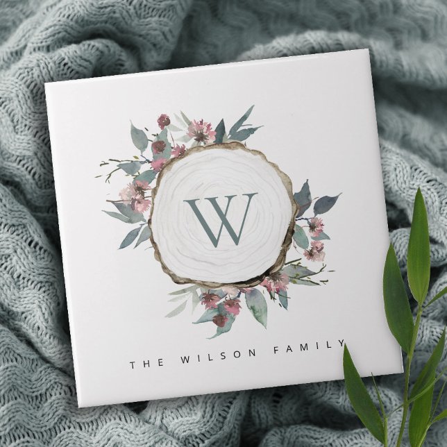 WOOD SLICE ROSA BOTANICAL MONOGRAM FAMILY NAMN KAKELPLATTA (Skapare uppladdad)