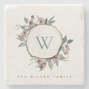 WOOD SLICE ROSA BOTANICAL MONOGRAM FAMILY NAMN STENUNDERLÄGG