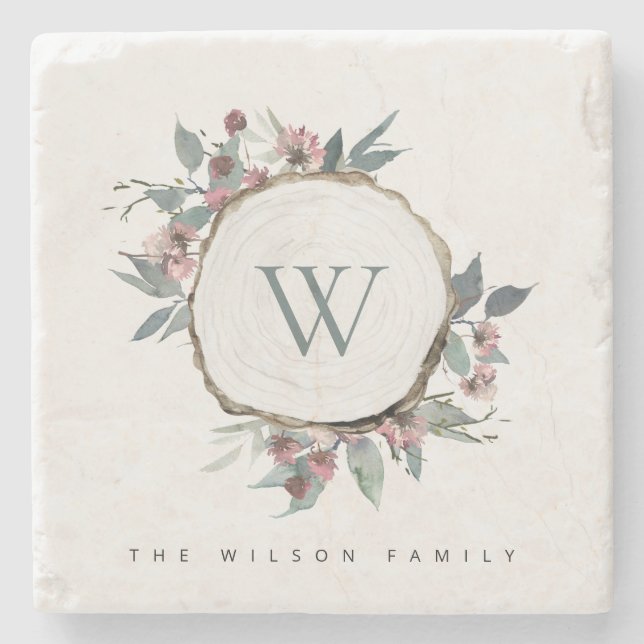 WOOD SLICE ROSA BOTANICAL MONOGRAM FAMILY NAMN STENUNDERLÄGG (Framsidan)