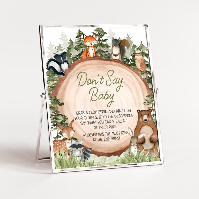 Wood Slice säger inte Baby Poster (Boy Woodland Animals Baby Shower Don't Say Baby Sign)