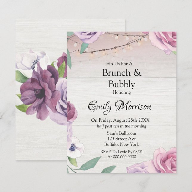 Wood String Light Lavender Peony Brunch och Bubly Inbjudningar (Fram/baksida)