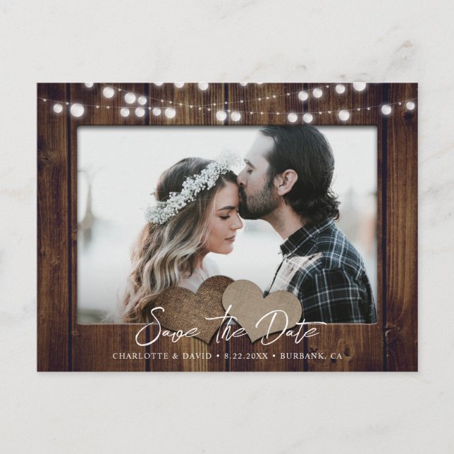 Wood String Ljus Photo Save Date Postcard Meddelande Vykort (Framsida)