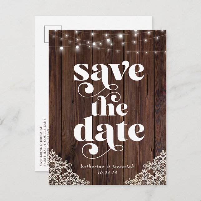 Wood String Ljus Snöre Bröllop spara datum Meddelande Vykort (Fram/baksida)
