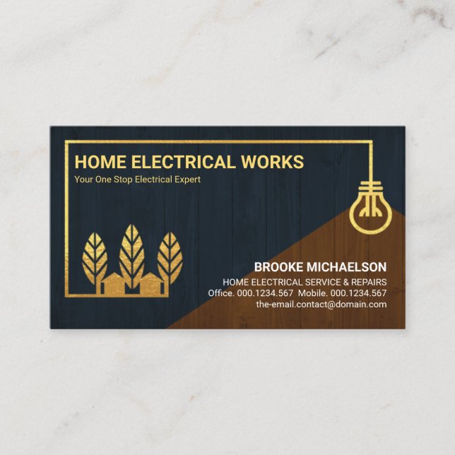 Wood Struktur Guld Home Bulb Wiring Electrician Visitkort (Framsida)