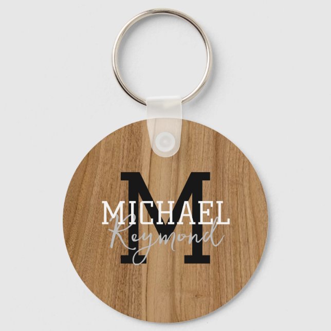 Wood Struktur Rustic Monogram Land Stil Keychai Nyckelring (Framsida)