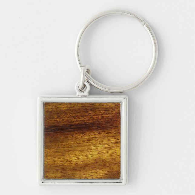 Wood teak fyrkantig silverfärgad nyckelring (Framsidan)