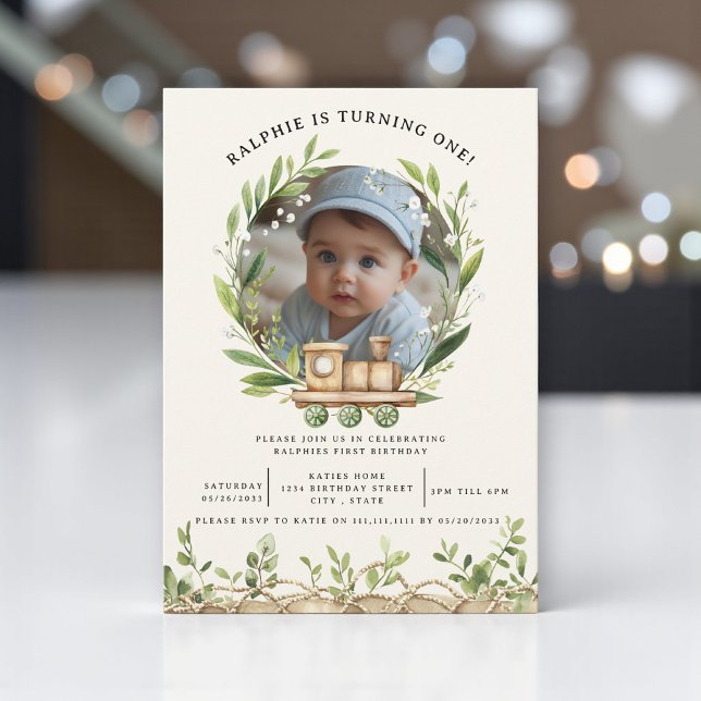 Wood Train Greenery Photo First Birthday Inbjudningar (Skapare uppladdad)