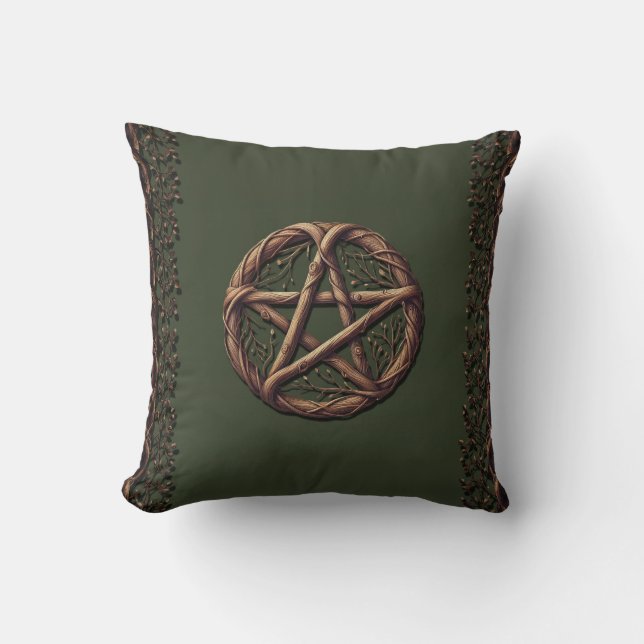 Wood Twig Pentacle Oliv grönt Wiccan Kudde (Framsida)
