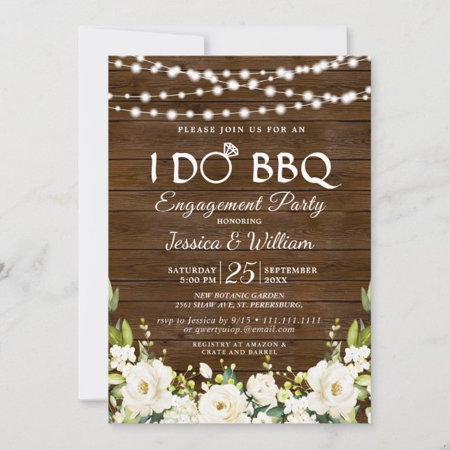 Wood Vit ros Blommigt I Do BBQ Förlovningsfest Inbjudningar (Framsida)