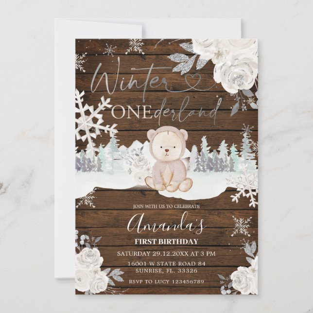 Wood Winter Bear Onederland Snowflake Birthday Inbjudningar (Framsida)